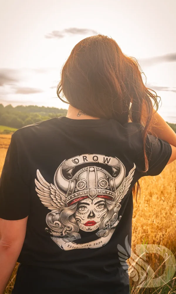 Woman wearing the DROW Rebel Valkyrie T-Shirt - Back View