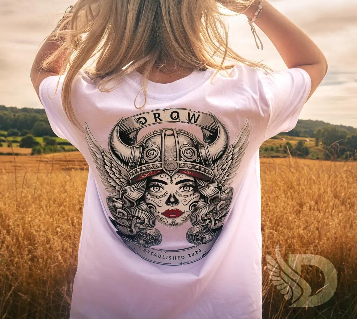 Woman wearing the DROW Rebel Valkyrie T-Shirt - White Back View