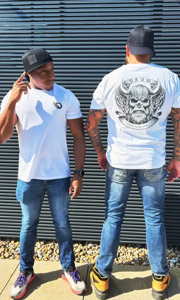 2 Men wearing the white DROW Warrior T-Shirts with a bold statement of resilience and strength.